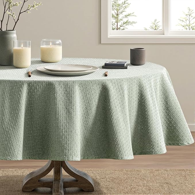 MIULEE Sage Green Linen Cotton Table Cloth Round Tablecloth Spring Waterproof Spillproof Cross-Star Textured Table Cltoth Decorative Farmhouse Style for Dining Party Weddings 60 Inch