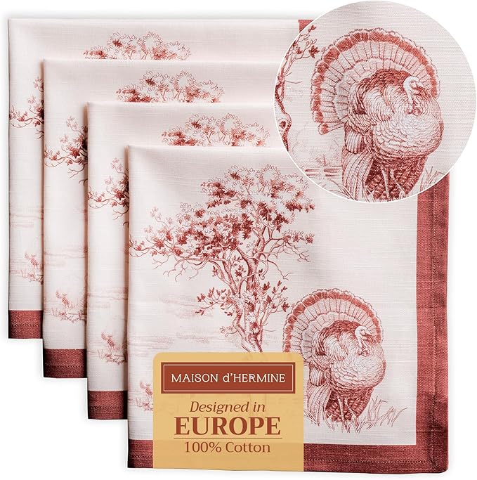 Maison d' Hermine Cloth Napkins Set of 4 100% Cotton for Thanksgiving Christmas Decorations Everyday Reusable Square Fall Napkins Cloth Washable Dinner Party (Holy Jouy - Brown, 20"x20")