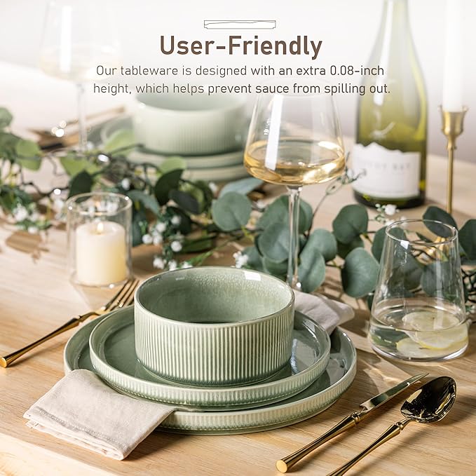 GBHOME 18-Piece Stoneware Dinnerware Set for 6 – Ribbed Ceramic Plates and Bowls, Scratch-Resistant, Microwave & Dishwasher Safe, Reactive Glaze, Light Green