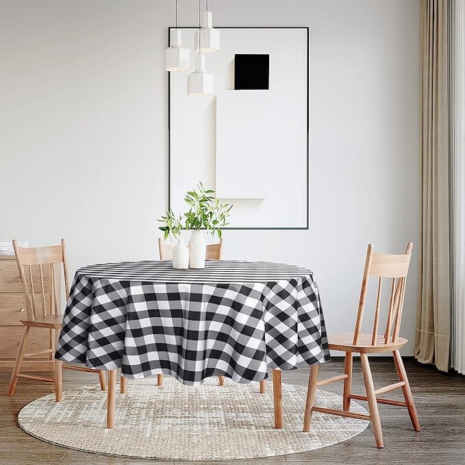 Hiasan Checkered Round Tablecloth 50 Inch - Waterproof Stain and Wrinkle Resistant Washable Fabric Table Cloth for Dining Room Party Outdoor Picnic, Black and White