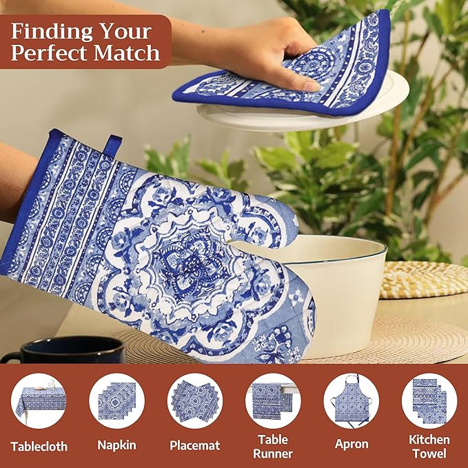Maison d' Hermine 100% Cotton Oven Mitt & Pot Holder Set (7.5"x13" & 8"x8") Heat Resistant BBQ Cooking Gloves with Loop, Baking, Grilling, Kitchen, Handling Hot Pans Spring/Summer (Melodie Bleue)