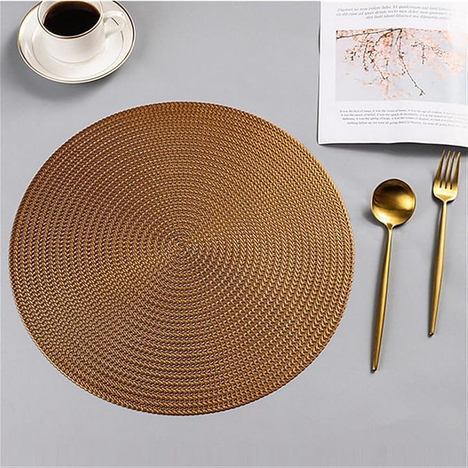 Placemat Kitchen Table Mat Restaurant Round PVC Nordic Anti-scalding Insulation Steak Pad Stand Mug(Light Gold)