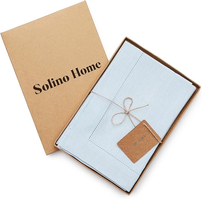 Solino Home Aqua Blue Linen Napkins Set of 4-100% Pure Linen Hemstitch Dinner Napkins 20 x 20 Inch for Winter, Spring, Easter - Classic Hemstitch