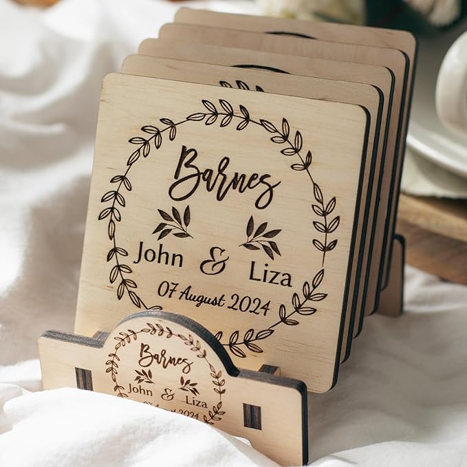 Wooden Coasters, Personalized Coasters, Custom Coaster with Logo Wedding Favors for Guests Bridal Shower Favors Monogram Wood Coaster Wedding Gift for Couple