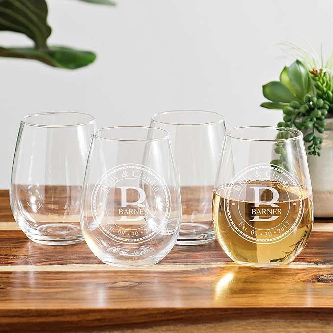 Personalized Stemless Wine Glasses (21oz) - Laser Engraved Anniversary & Wedding Gifts w/Names & Date - Dishwasher Safe. Custom Wine Glasses - Couples Gifts - Coasters & Cutting Board Options!