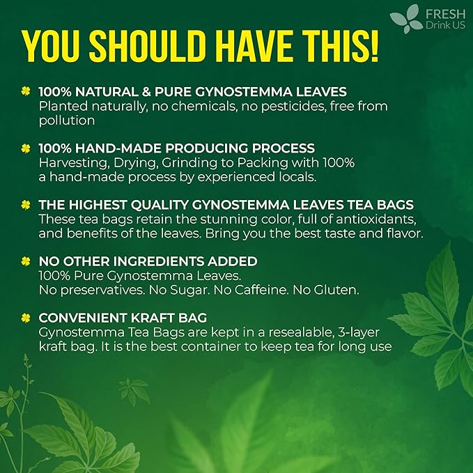 FreshDrinkUS, Premium Gynostemma Tea Bags (Jiaogulan) | 75 Count | Naturally Smooth & Earthy Caffeine-Free Herbal Tea – Plant-Based Tea Bags for Daily Enjoyment. Caffeine Free, Sugar Free. Vegan