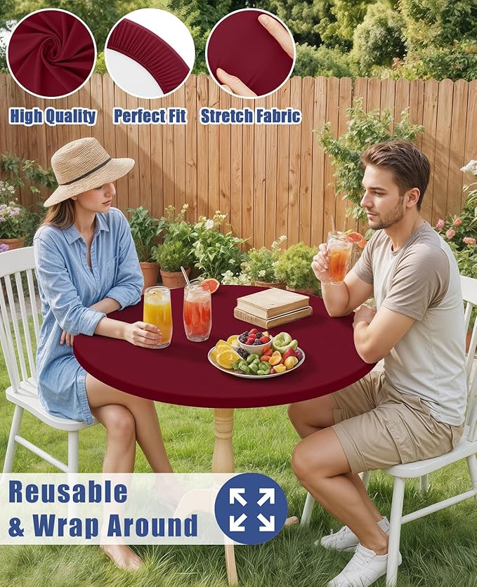 Round Spandex Tablecloth, Elastic Fitted Waterproof Tablecloths for 45"-56" Tables, Stretch Washable Picnic Table Cover for Camping, Dining, Indoor and Outdoor, Wine Red