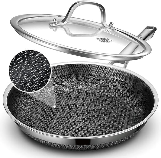 Hybrid Nonstick Stainless Steel Frying Pan with Lid, 12-Inch, PFOA-Free Non-Toxic Skillet, Induction Compatible, Dishwasher, Oven & Broiler Safe