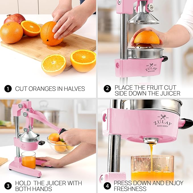 Zulay Kitchen Cast-Iron Orange Juice Squeezer - Heavy-Duty, Easy-to-Clean, Professional Citrus Juicer - Durable Stainless Steel Lemon Squeezer - Sturdy Manual Citrus Press & Orange Squeezer (Pink)