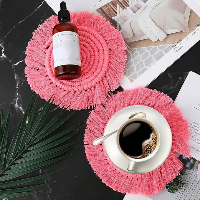 2 PCS Macrame Coasters Handmade Boho Coasters,Woven Absorbent Drink Coaster,Heat Resistant Cotton Coaster for Coffee Table,Desk Kitchen Dining Room Kitchen, Home Decoration (Dark Pink)