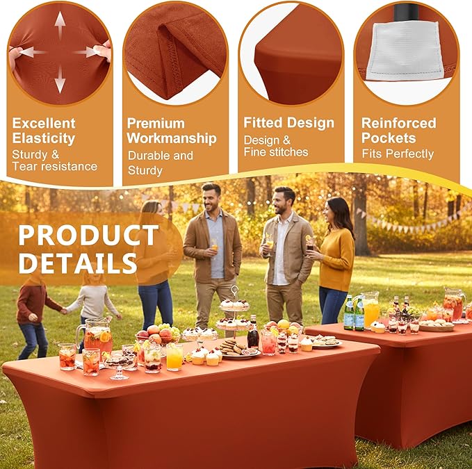 Table Cover for 6 Foot Rectangle Tables-8 Pack Rust Fitted Stretch Fall Tablecloth-Spandex 6ft Thanksgiving Tablecloths for Party, Vendor Booth Display, Banquet Event, Craft Trade Show