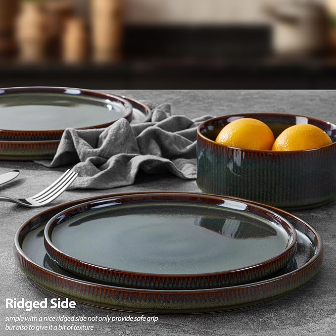 LIANYU Dinnerware Sets with Pasta Bowls, 8 Piece Ribbed Dinnerware Plates and Bowls Set for 2, Elegant Modern Stoneware Dishes Set for Kitchen Dining, Microwave and Dishwasher Safe, Jungle Green