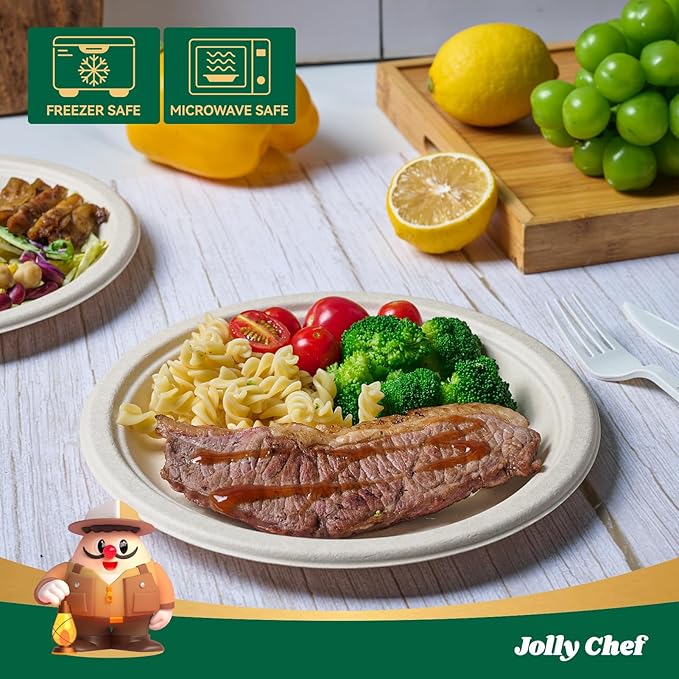 JOLLY CHEF 100% Compostable Paper Plates, 150 Pack 10 Inch Heavy Duty Plates, Disposable Biodegradable Eco-Friendly Sugarcane, Bulk Nature