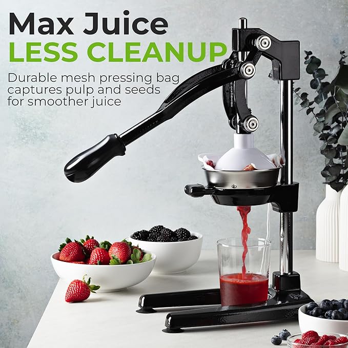 Zulay Kitchen Pulverizer 9 in 1 Cast Iron Juicer - Easy-to-Clean Heavy-Duty Manual Juicer with Presser Attachment to Juice All Types of Fruits! Extra Tall with Stainless Steel Bowl - Black