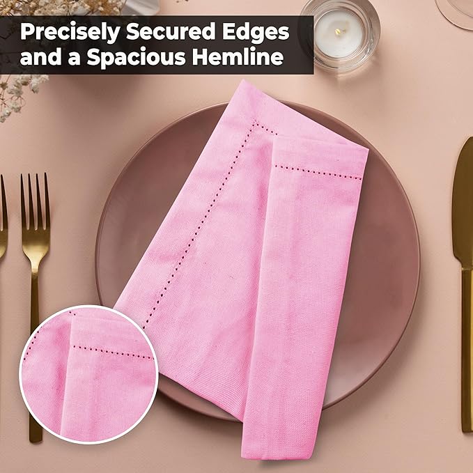 Urban Villa Cloth Napkins Set of 12 (20x20 Inches) 100% Cotton Hemstitch Napkins Cloth Washable Durable Reusable Absorbent Table Dinner Napkins Cloth for Hotel Lunch Restaurant Weddings Parties – Pink