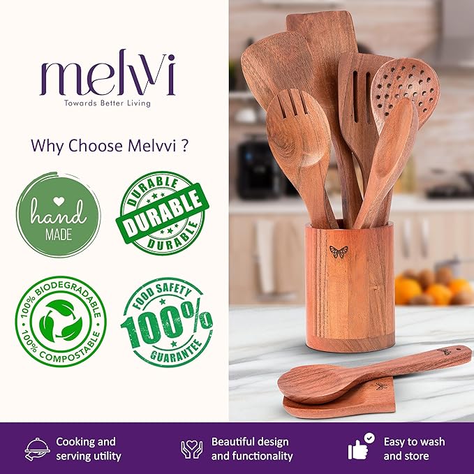 Wooden Kitchen Cooking Utensils Set | 9 Piece Spatula Set with Spoon Rest, Holder & 7 Hooks | Acacia Wood Non Toxic Serving Spoons | Christmas gifts