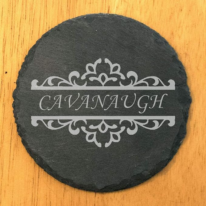 Personalized Monogram Family Coasters, Natural Stone Set, Birthday, Wedding, Customized, Rustic - Round Slate - Set of 8