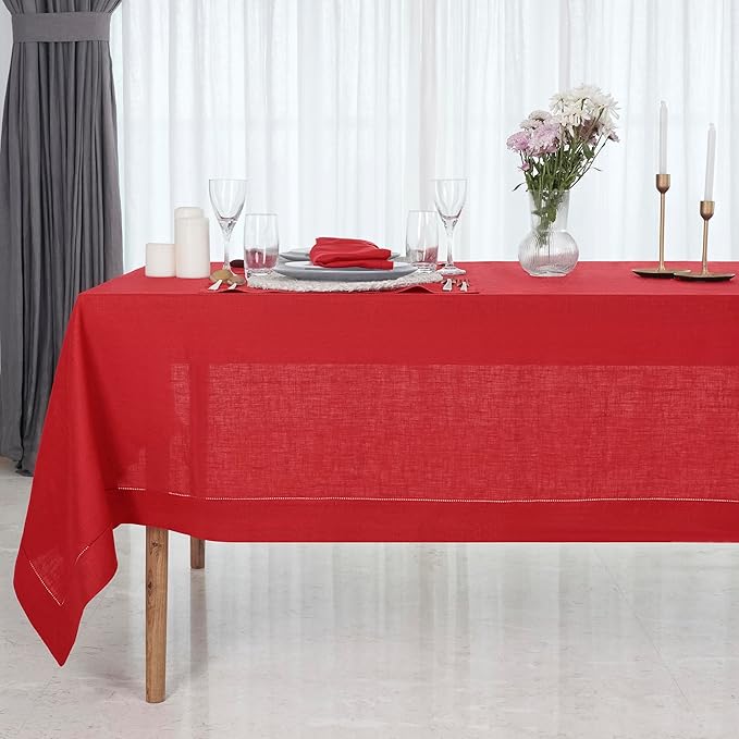 D'Moksha Homes Bright Red Linen Tablecloth for Rectangle Tables 60 x 132 Inch - 100% Pure Linen Red Table Cloth - Classic Hemstitch, Machine Washable Dining Tablecloth for Valentines, Spring, Easter