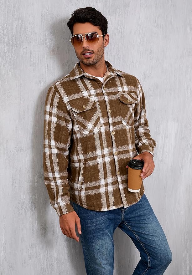 Men's Cotton Sherpa Lined Button Down Flannel Shirt Jacket Plaid Soft Outdoor Flannel Jacket Shirt