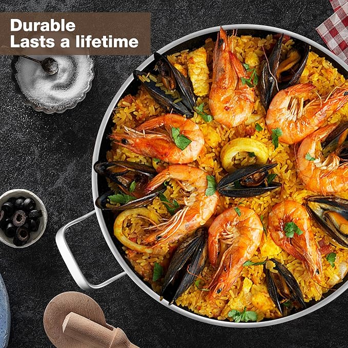 Paella Pan with Lid - 14.5" Honeycomb Tri-Ply 18/10 Nonstick Paella Pan, 12-Serving Deep Design, Oven/Dishwasher Safe 550°F, Universal Stainless Steel Skillet