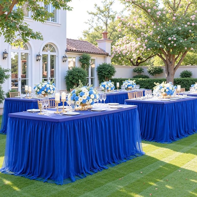 4 Pack 6ft Royal Blue Tulle Tablecloths for Rectangle Tables, 6 Foot Rectangular Table Cloth Wrinkle Free Tablecover with Tutu Skirt for Baby Shower Wedding Birthday Party Banquet Buffet Cake