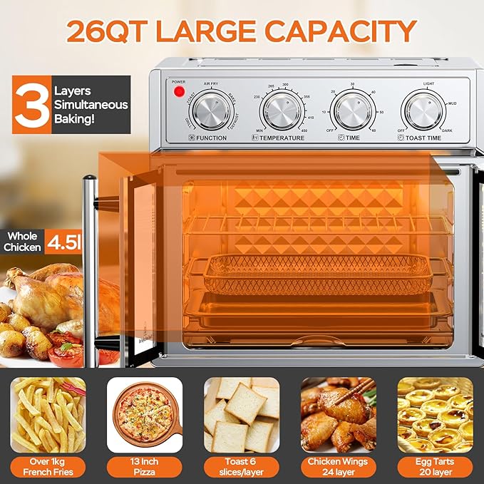 PlumChef 29.5QT Large capacity French Double-Door Air Fryer Convection Toaster Oven,1700W,7 Preset Menus,7-in-1 Multi-Function for Bake, Roast, Grill, Toast,Dehydrate& Defrost, Stainless Steel,silvery