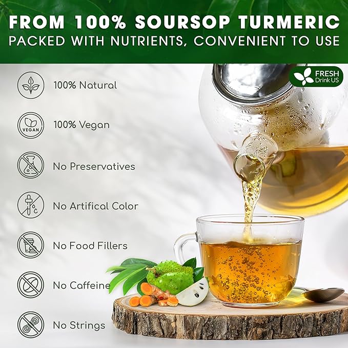 FreshDrinkUS, Premium 60 Soursop Turmeric Tea Bags, 100% Natural, Blend of Soursop Leaves, and Turmeric Root. Made with Natural Material Tea Bags. No Sugar, Vegan. | Premium, 100% Natural, No Sugar, Vegan