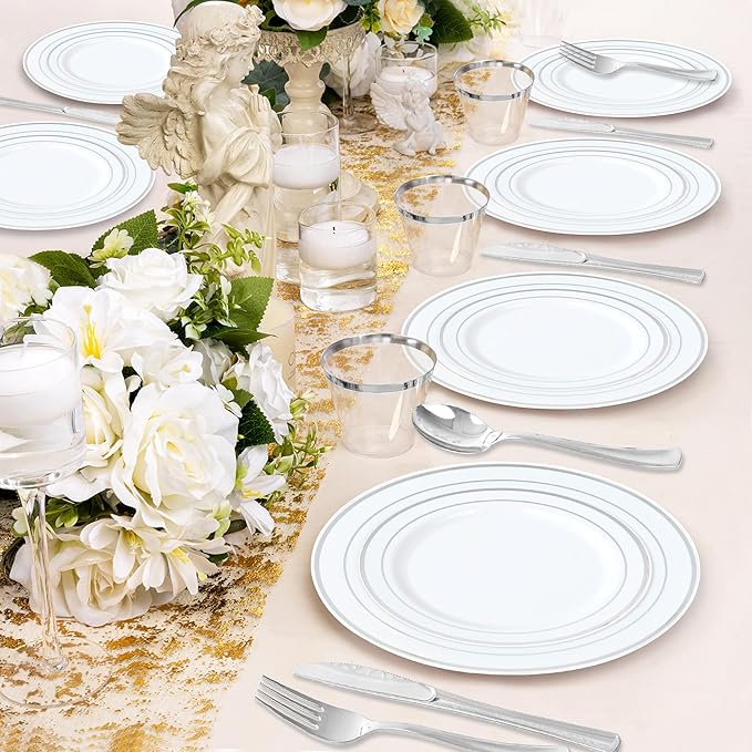 700 Piece Dinnerware Set for Wedding & Party,100 Guest RimPlastic Plates,100 Plastic Silverware,100 Cups,100 Linen Like Napkins (Rose Glod) lkj