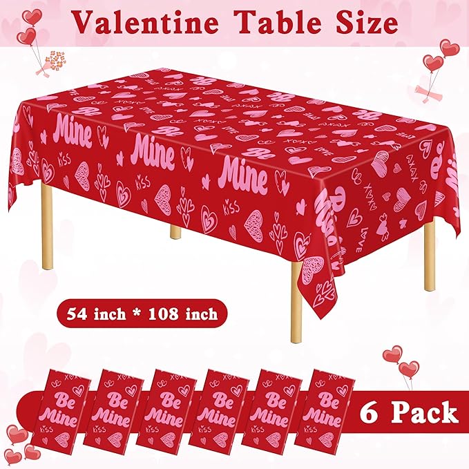 QZYL 6 Pcs Valentines Tablecloth, 54" X 108" Pink Love Heart Plastic Table Cover, Valentines Disposable Rectangle Table Cloth, Valentine's Decorations for Love Wedding Engagement Anniversary Party
