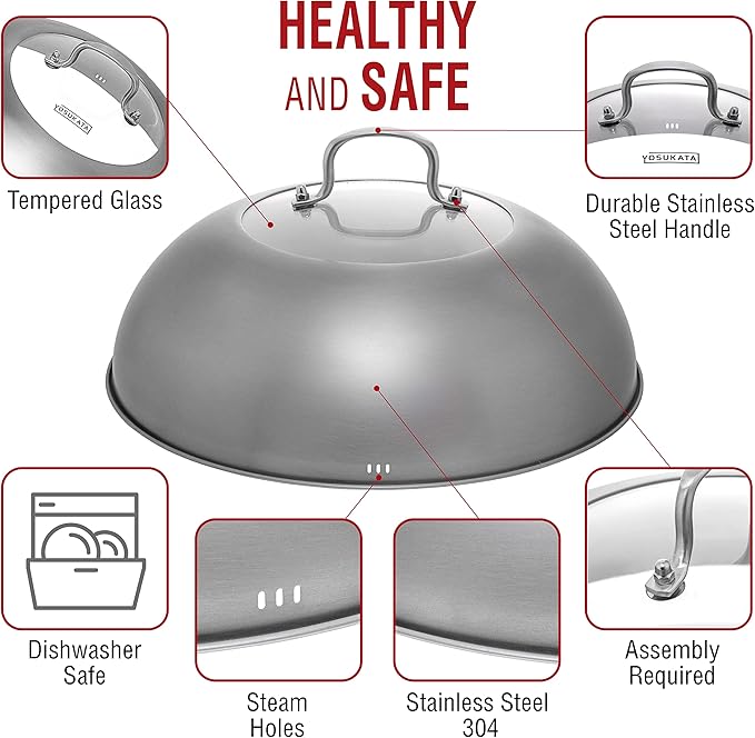YOSUKATA Carbon Steel Wok Pan - 14 in Woks and Stir Fry Pans - Chinese Wok with Round Bottom Wok + Wok Lid 13.6 Inch - Premium Stainless Griddle Dome + 17" Wok Spatula and Ladle and Turner