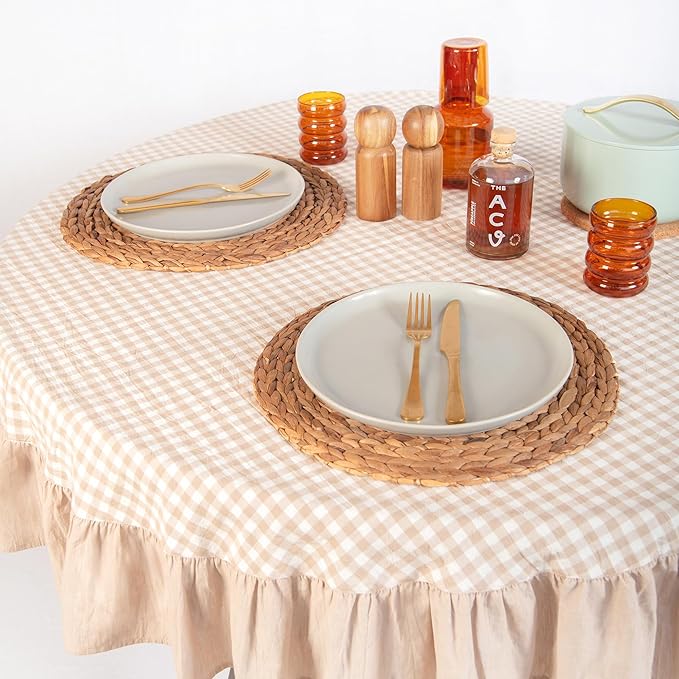 MONDAY MOOSE Gingham Checkered Farmhouse Rustic Ruffle Style Decoration Round Natural Stonewashed Cotton Tablecloth for Kitchen, Dining Room, Restaurant (60" Round, Beige)
