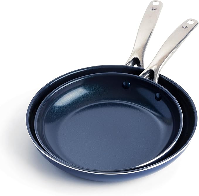 Blue Diamond 9.5” & 11" Nonstick Frying Pan Skillet Set, Diamond Infused PFAS-Free Ceramic, Dishwasher & Oven Safe, Stainless Steel Handle, Durable Non Toxic Metal Utensil Safe, Egg & Omelet Pans,Blue