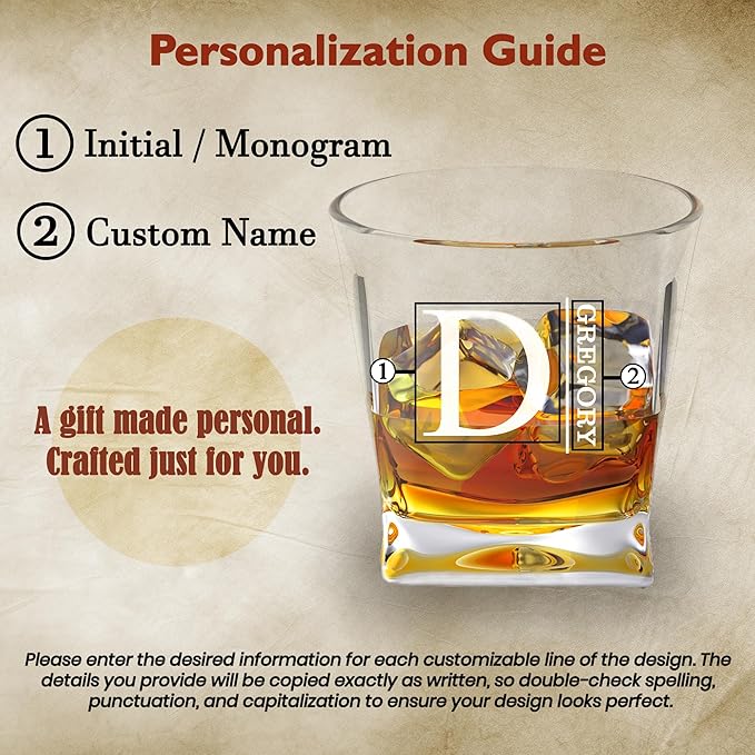 Personalized Engraved Whiskey Glass 10.25 oz – Etched Bourbon Glass with Heavy Base, Old Fashioned Cocktail Glass, Groomsmen & Father’s Day Gift (Whiskey Design 3)