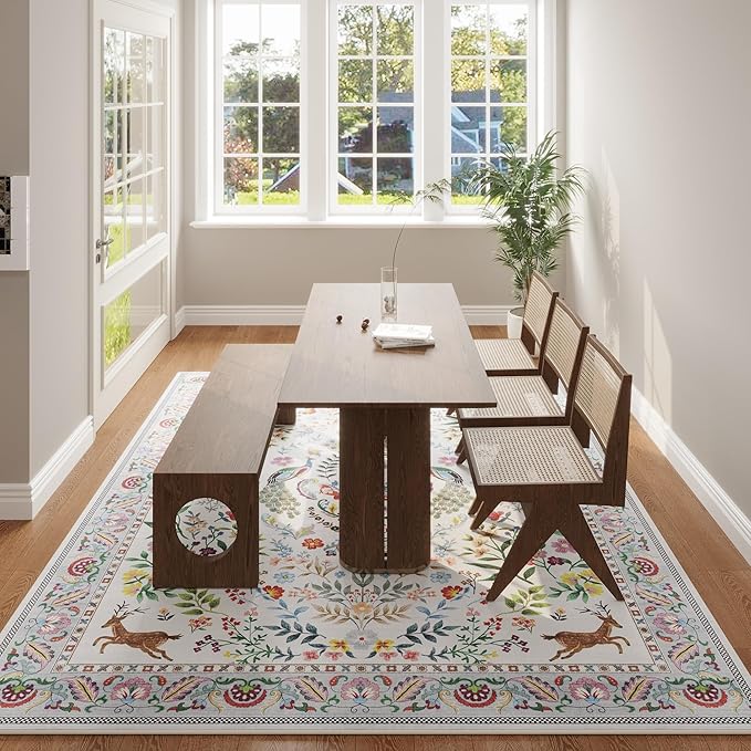 Rugcomf Living Room Rug 5x7 Rug Machine Washable Area Rug Floral Non-Slip Low Pile Large Rugs for Living Room, Bedroom, Farmhouse, Dining Room, Kids Playroom(Colorful)
