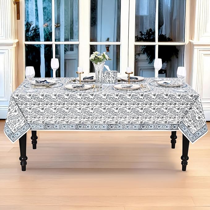 Ridhi Hand Block Print Baby Blue Eyes Rectangle Cotton Tablecloth 120" x 80" Reusable Table Cover Decorative Everyday Use for Dining, Farmhouse, Home Gift for Spring, Easter, Valentine