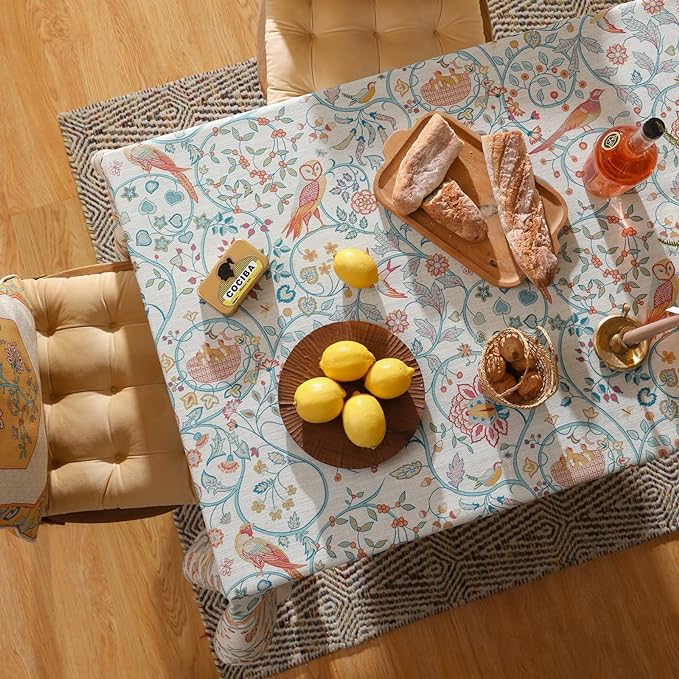 patdrea Designer Vintage Small Square Table Cloth,Yellow Linen Floral Birds Pattern Colorful Tablecloths,Decorative Table Cover for Kitchen Dining Banquet,Christmas,Thanksgiving,55"x55"-Magnolia