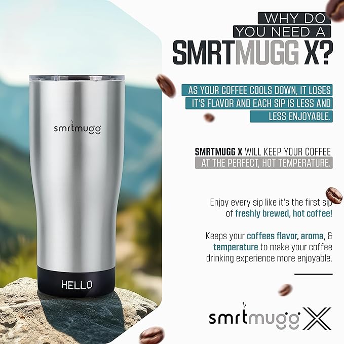 X Heated Coffee Mug 19 oz., 8 Hour Battery Life, Self-Heating, Adjustable Temp Controlled, LCD Screen, Includes Cover with Magnetic Slider (Black) (Stainless Steel)