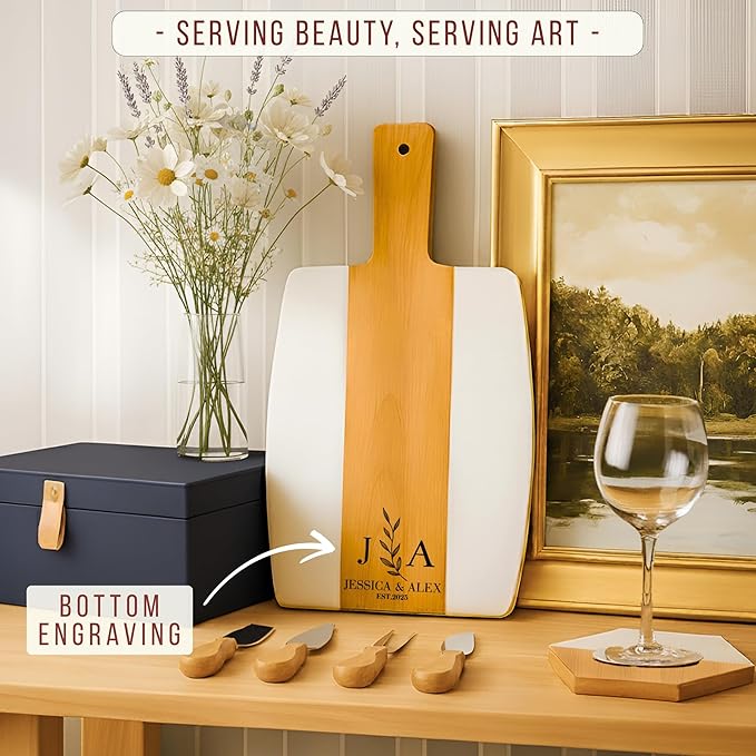 Personalized Cutting Board & 4 Coasters Set – Custom Acacia & Marble Charcuterie Boards, Weddings, Housewarmings, New Home Owners, Anniversary, Bridal Showers, Couples, Valentines Day Gifts for Her