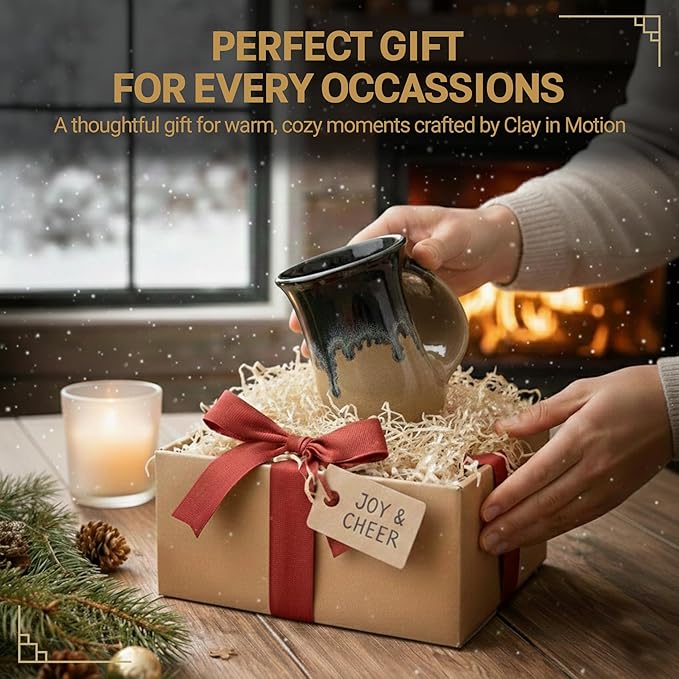 Clay in Motion Hand Warmer Coffee Mug – Handmade Coffee Mug With Comfortable Handle Contoured Pocket Hand Warming Ceramic Coffee Mug – Proudly Made in USA – Right Handed – 14 Oz - Black Brown