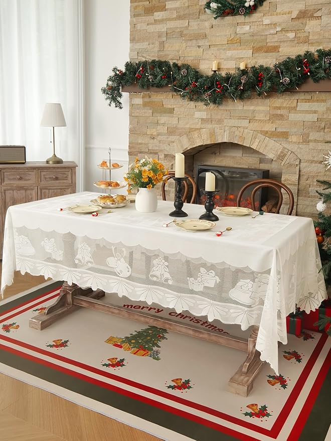 Jayla Christmas White Lace Tablecloth, Vintage White Lace Rectangular Tablecloth for Party Picnic Dinner Decor, 54 x 54 Inches