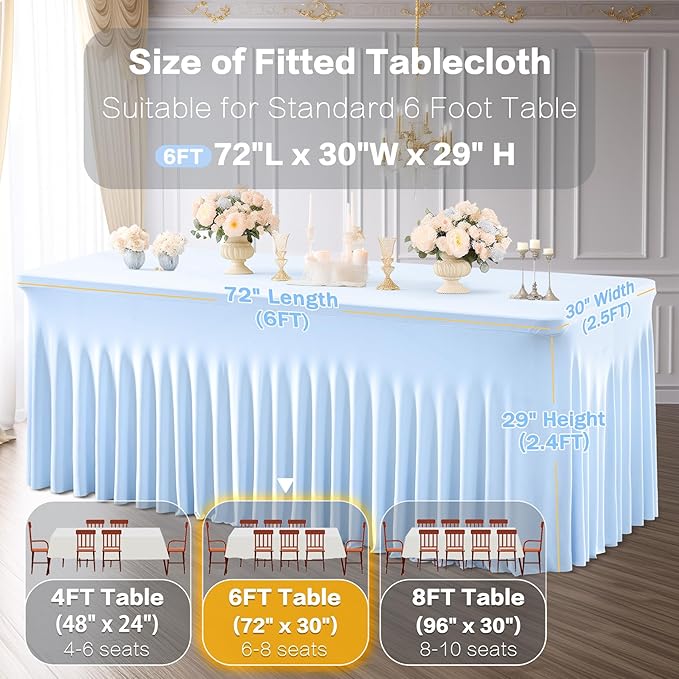 2 Packs Baby Blue Spandex Tableclothes for 6 Foot Rectangle Table, Spandex Table Covers 6FT Stretch Table Skirts Rectangle Wrinkle Free Fitted Tablecover for Event, Wedding, Banquet & Parties