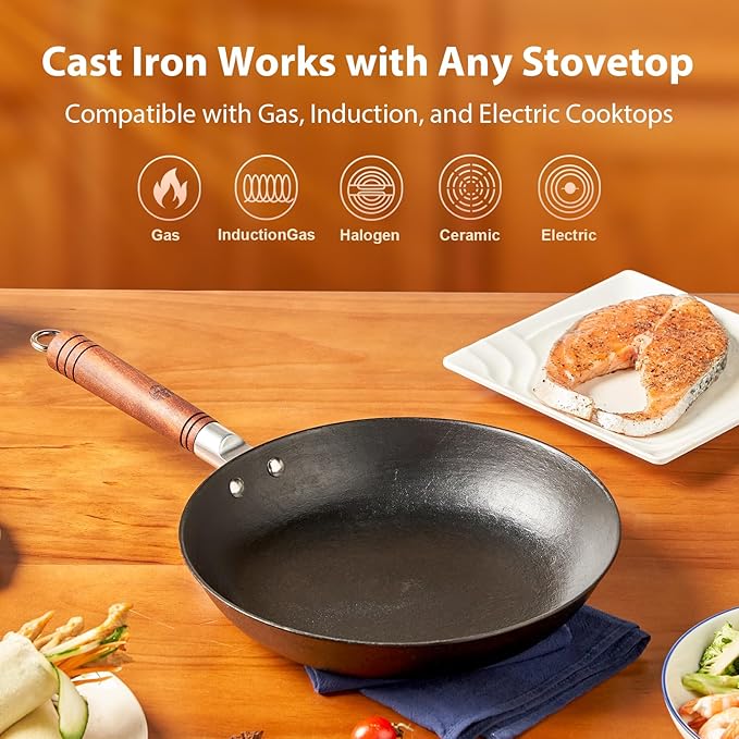 WANGYUANJI 10.2 Inch Cast Iron Skillet & Griddle Pan with Glass Lid, Deep Flat Bottom Frying Pan, Uncoated Small Pan for Eggs, Pancakes & Bacon, for Gas, Electric & Induction Cooktops