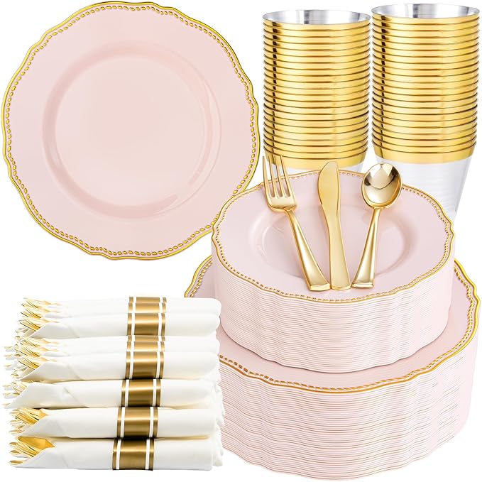 Hioasis 350pcs Pink and gold Plastic Plates - Pink Plastic Dinnerware Set Includes 50 Dinner Plates, 50 Dessert Dinnerware, 50 Cups, 50 Rolled Napkin Cutlery Perfect for Wedding & Valentine's Day