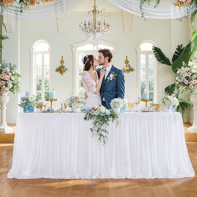 Suppromo White Tulle Tablecloth for 4 Foot Rectangular Tables 48 x 24 Inch White Rectangle Table Cloth 4ft Wrinkle Free Table Cover with Tutu Skirt for Wedding Birthday Party Banquet Tablecover