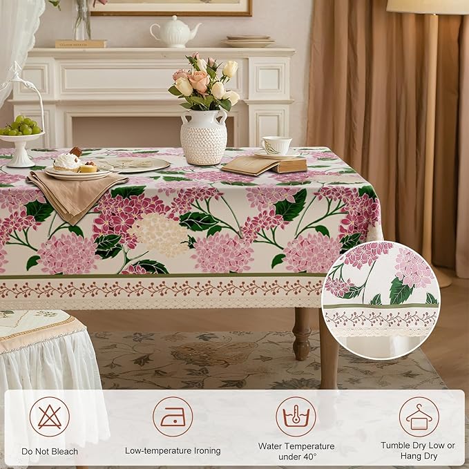 French Vintage Floral Tablecloth Rectangular, Linen Table Cloth with Flowers and Leaves Pattern, Waterproof Decor Table Cover with lace for Dining Kitchen Christmas Holiday, 55''x 70''