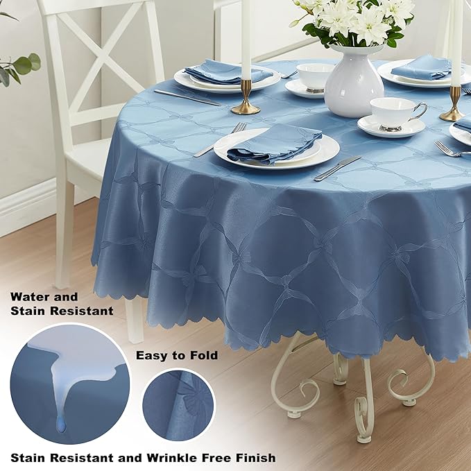 Newbridge Ribbons and Bows Damask Spring & Easter Holiday Fabric Tablecloth, Blue, 70 Inch Round, Wrinkle & Stain Resistant Table Cover