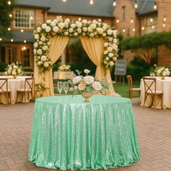 Eternal Beauty Mint Green Tablecloth, 120 Inch Round Sequin Tablecloth for Party Cake Dessert Table Exhibition Events