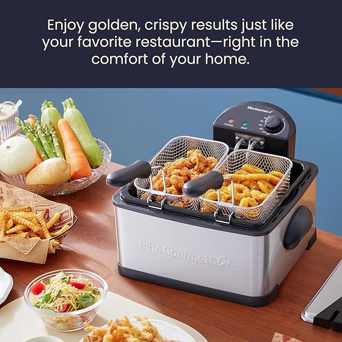Elite Gourmet EDF434 Electric Deep Fryer 4.5 Quart Oil Capacity with Temperature Knob, 2 Baskets, Powerful 1700 Watts, Lid with Anti-Odor Filter & Viewing Window, Stainless Steel