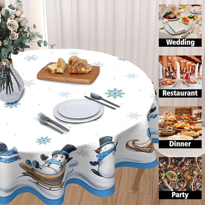 Winter Snowman Tablecloth Round 70 Inch Blue and White Christmas Snowman Snowflake Snow Circle Table Cloth Xmas Holiday Table Cover for Kitchen Dinner Home Decor