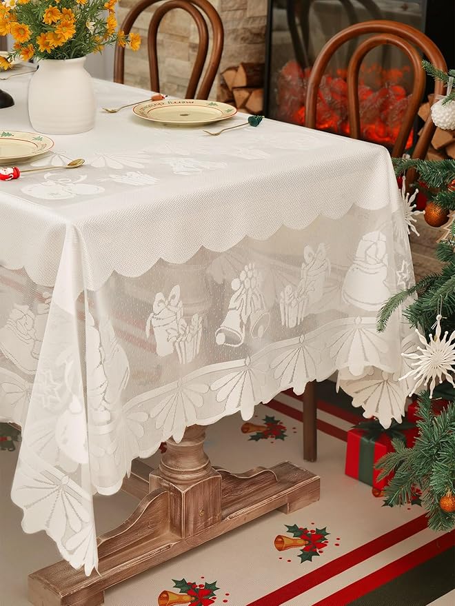 Jayla Christmas White Lace Tablecloth, Vintage White Lace Rectangular Tablecloth for Party Picnic Dinner Decor, 54 x 87 Inches
